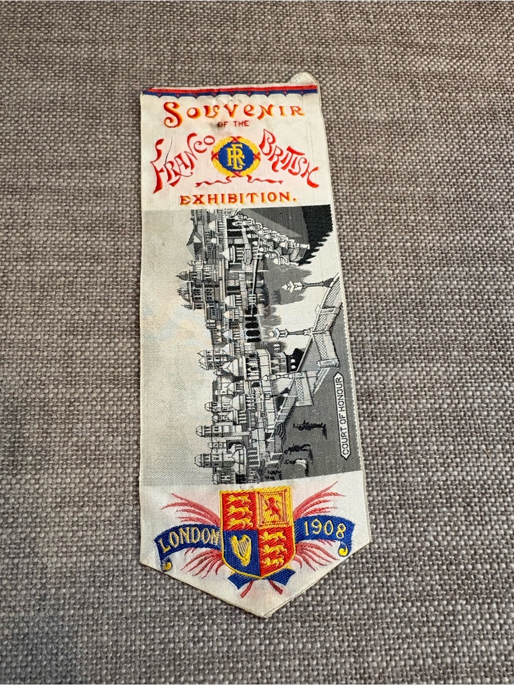 Antique Franco British 1908 Exhibition Woven Silk Souvenir Ribbon Bookmark